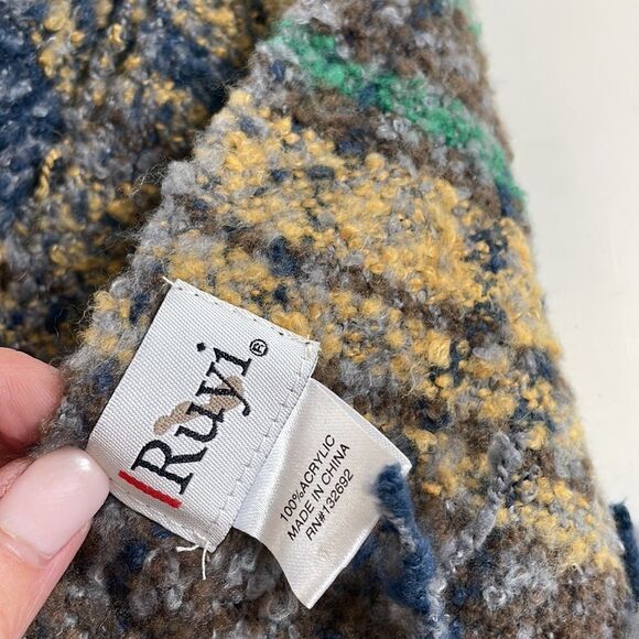 Scarf wrap plaid, extra, large, soft, warm, unisex, navy, taupe, green mustard - Picture 6 of 7